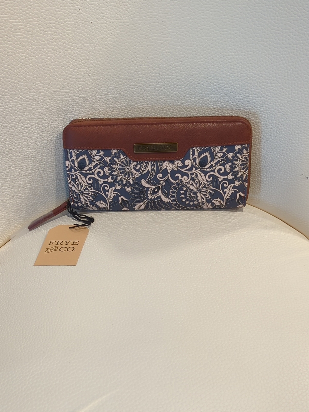 FRYE AND CO. Blue Floral Print Wallet with Brown Trim